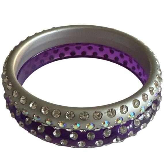 Bling Purple Silver 3 Row Rhinestone Acrylic Bangles Set of Two Fashion Jewelry - Picture 3 of 4